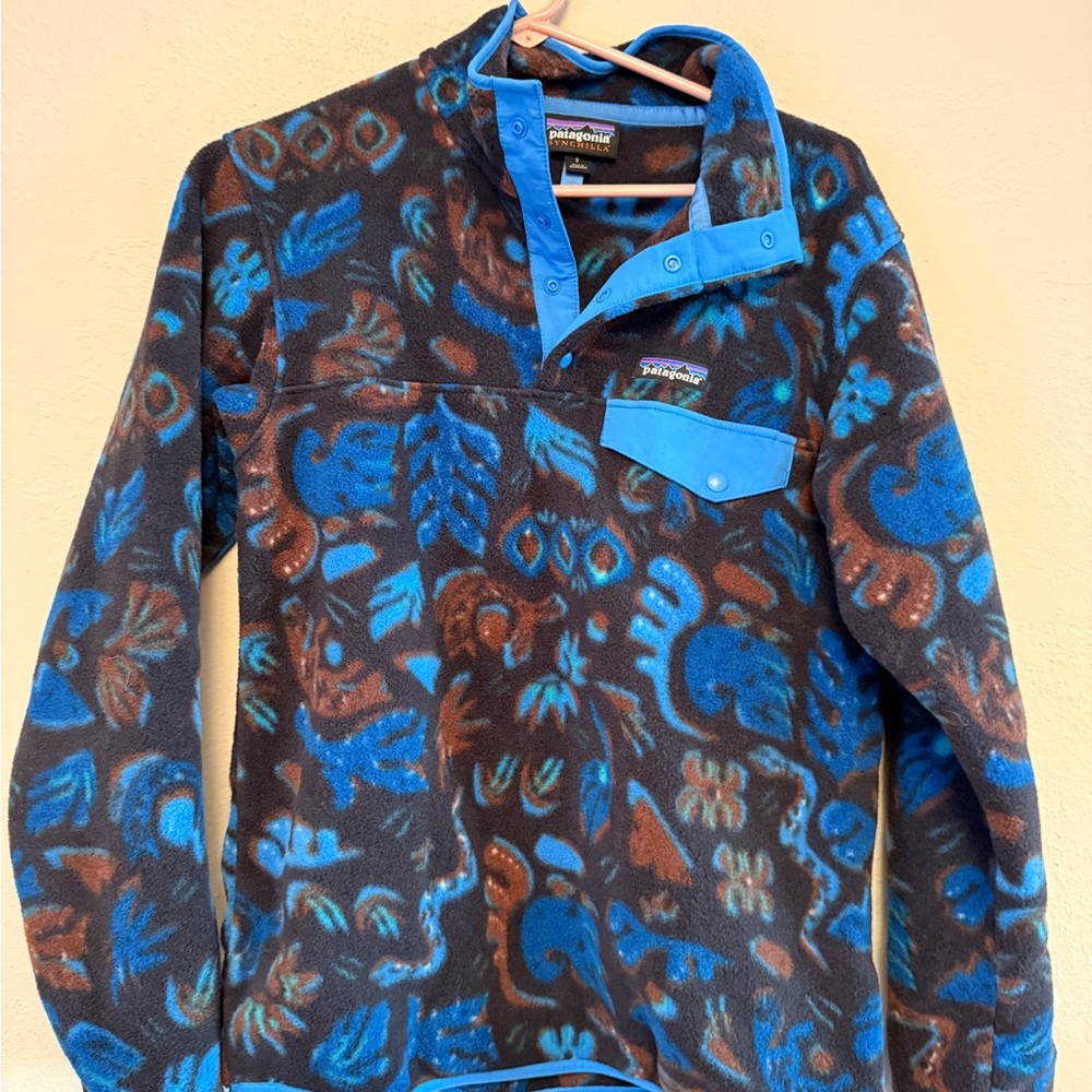 Patagonia NWOT synchilla 1/4 snap Blue and Brown Patterned Jacket
